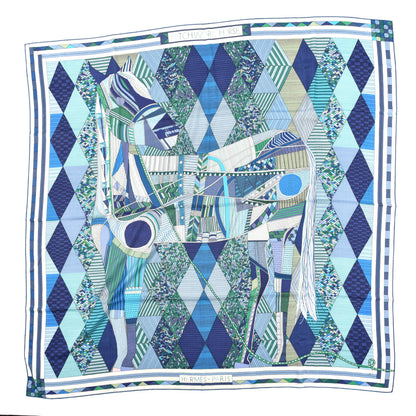 Hermes Cashmere Silk Patchwork Horse Shawl 140 Turquoise Vert Bleu 1 of 3