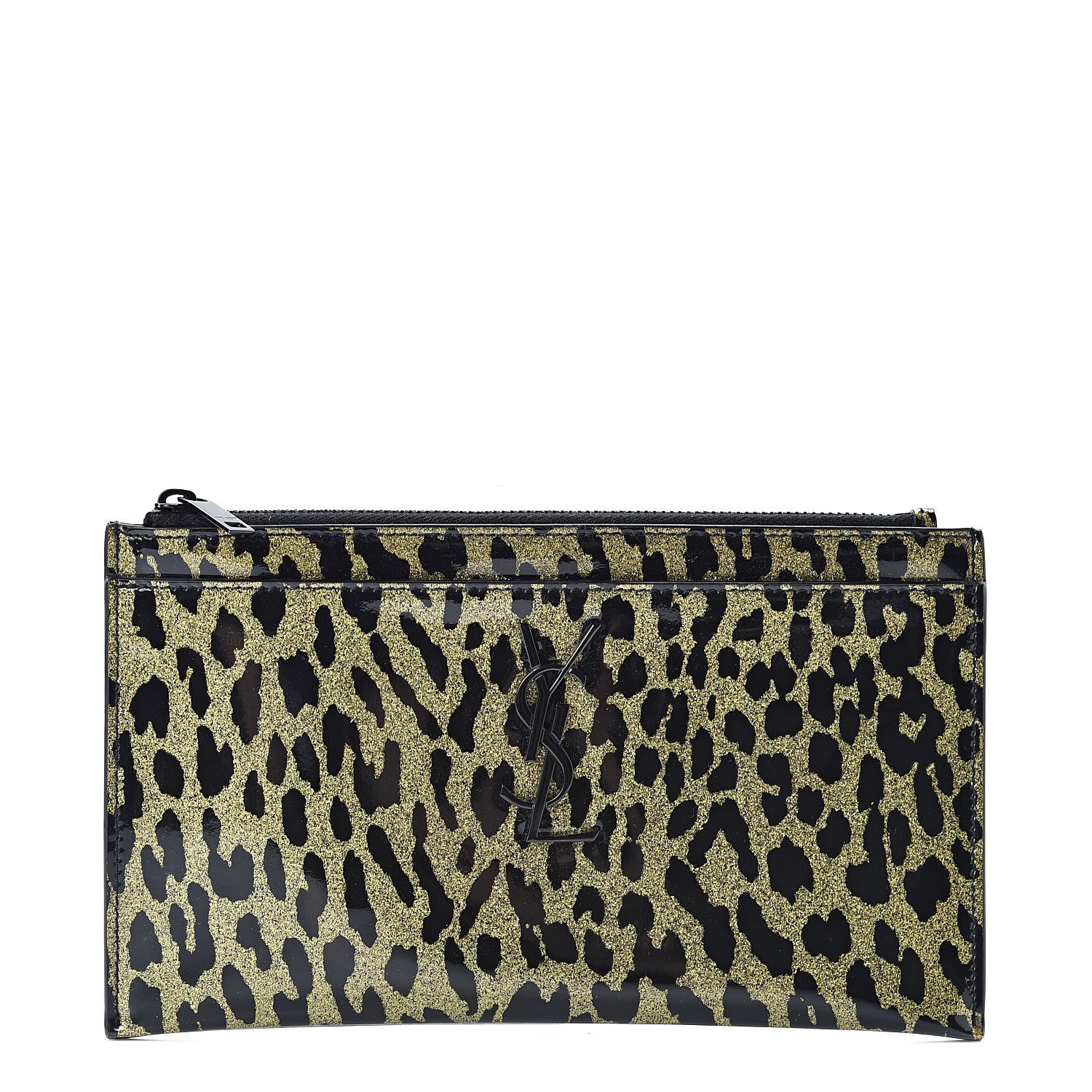 Saint Laurent Patent Glitter Leopard Monogram Zip Pouch Gold Black 1 of 7