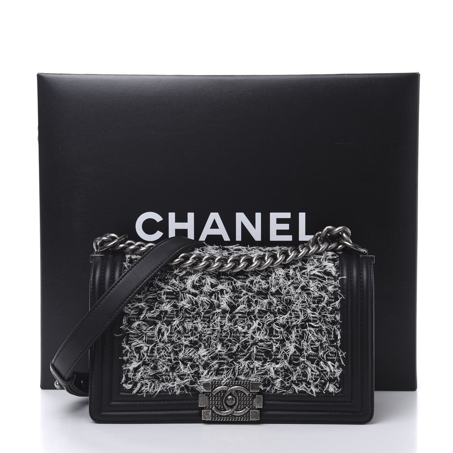 Tweed Calfskin Medium Boy Flap Black White