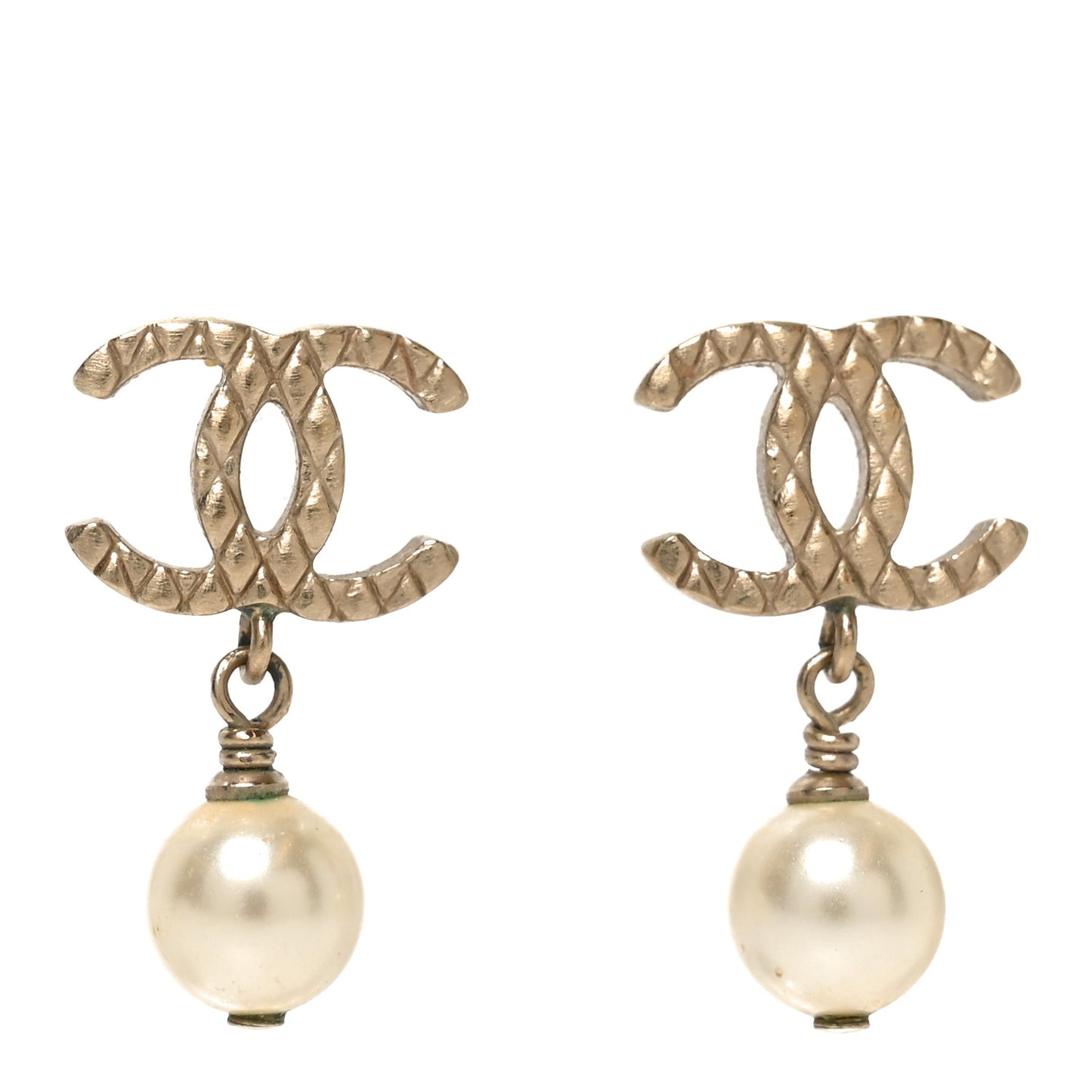 Pearl Quilted CC Drop Earrings Gold