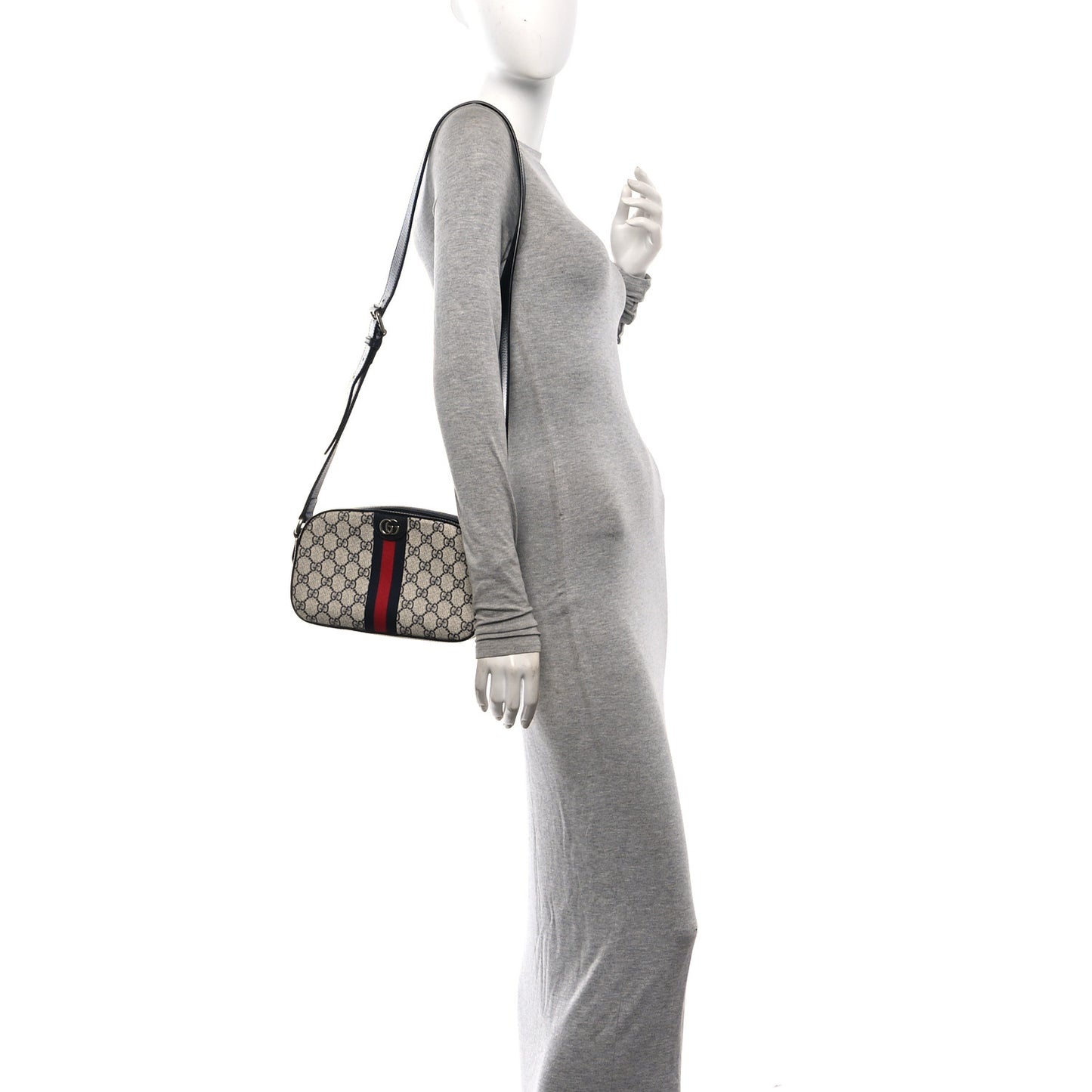GG Supreme Monogram Textured Dollar Calfskin Web Small Ophidia Camera Bag Beige Blue
