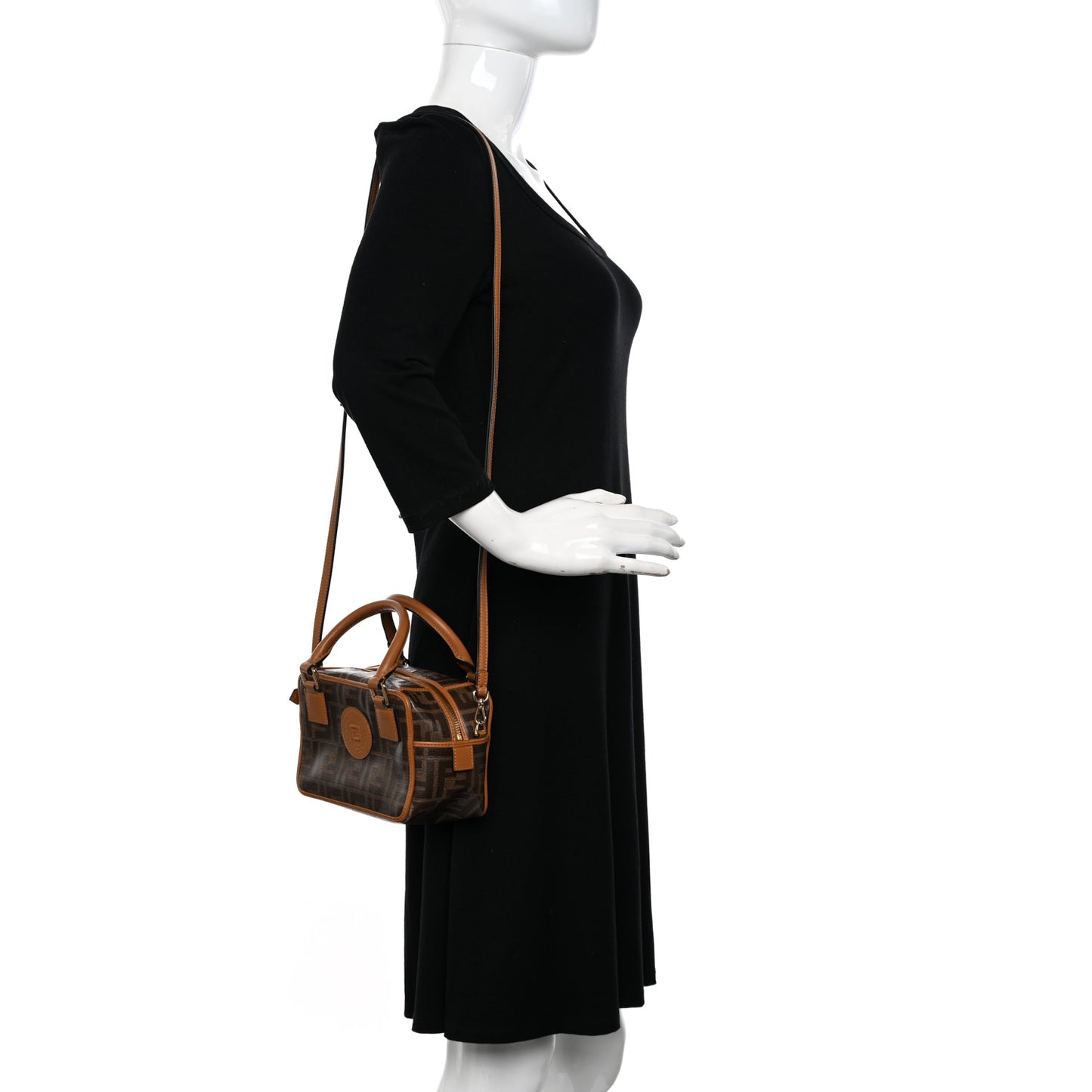 Glazed Fabric Vitello Century FF 1974 Stamp Patch Mini Boston Box Bag Mogano Panna Caramello