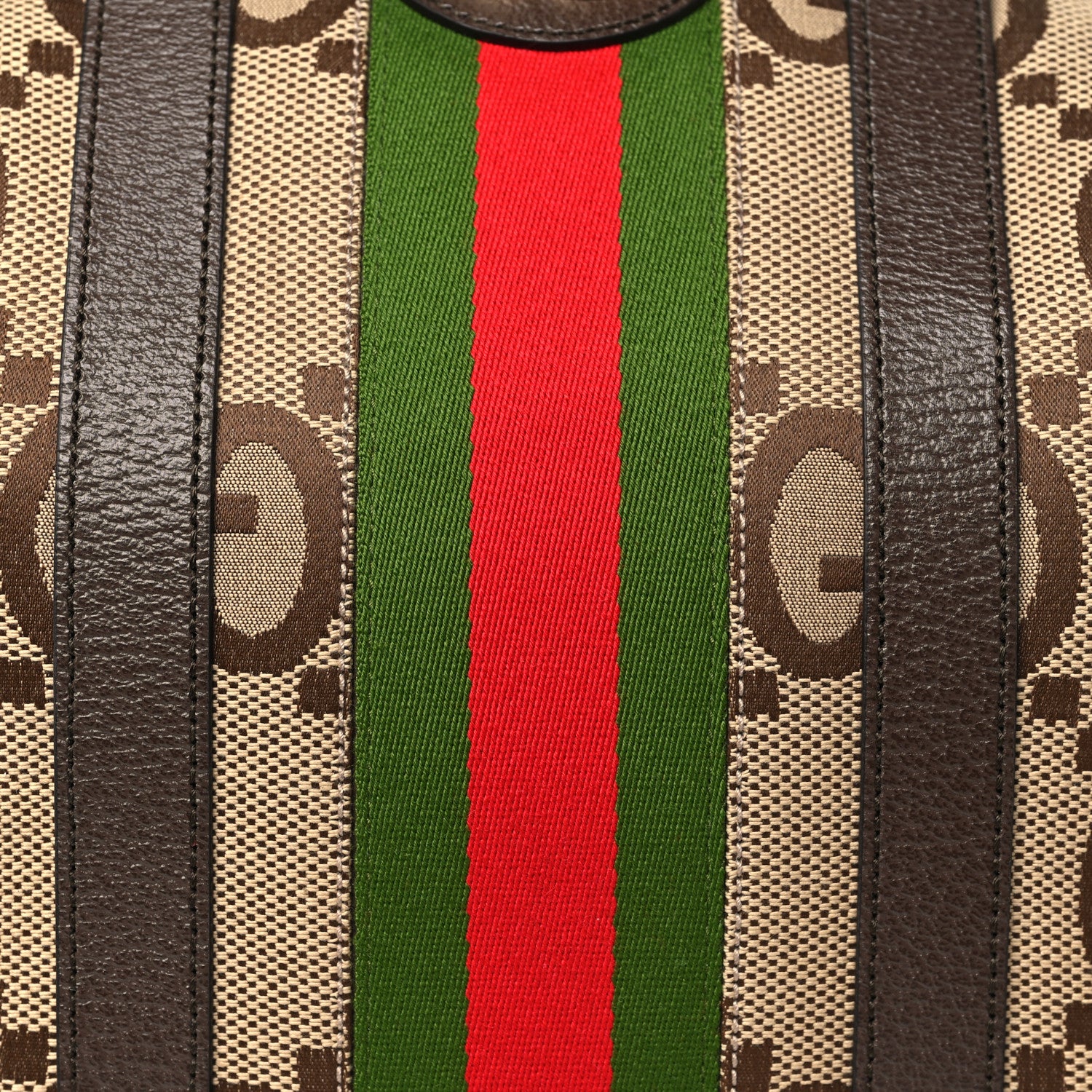 Gucci Monogram Jumbo GG Textured Dollar Calfskin Web Large Duffle Bag Camel Ebony 6 of 10