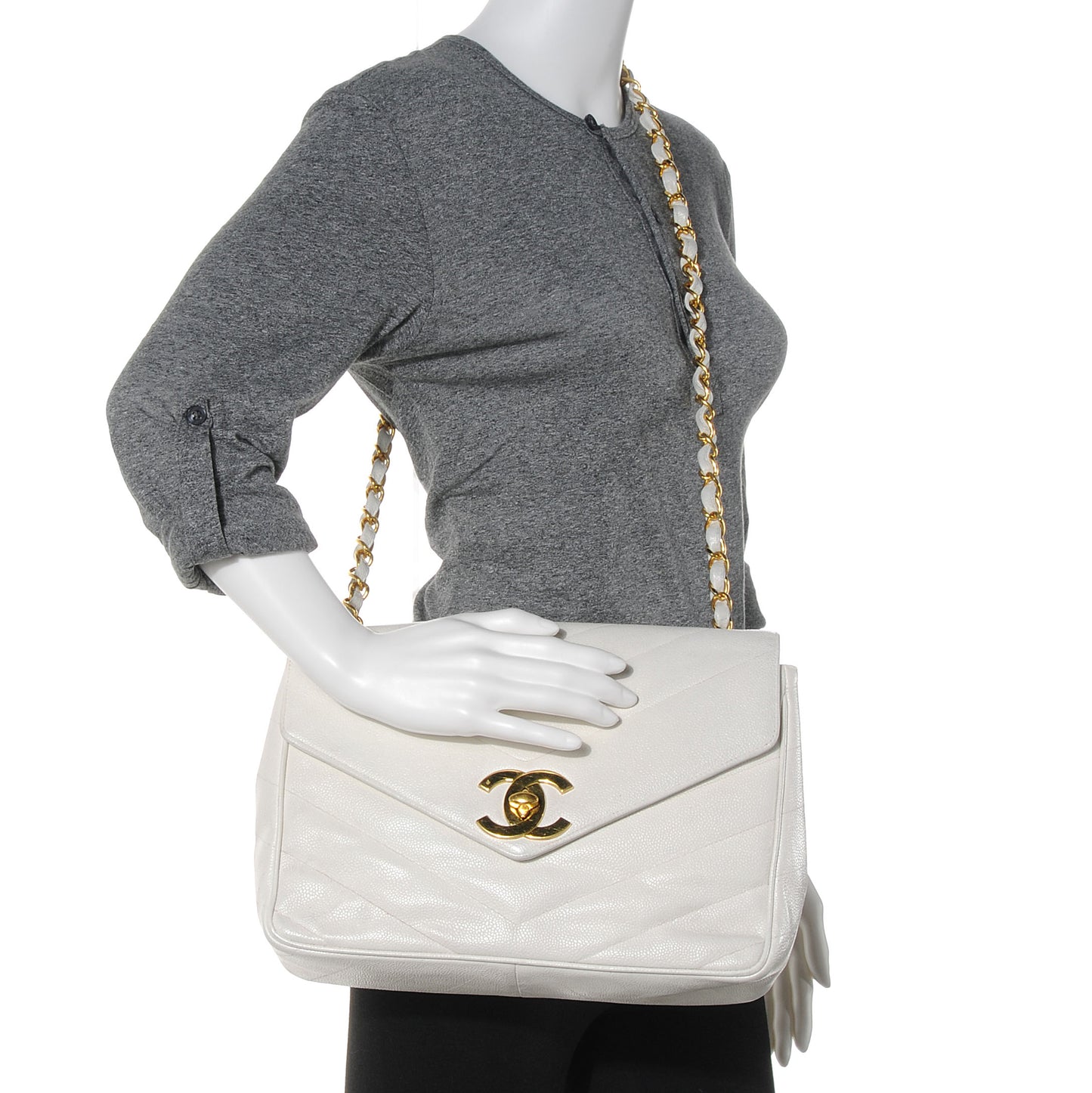 Caviar Chevron Jumbo Flap White