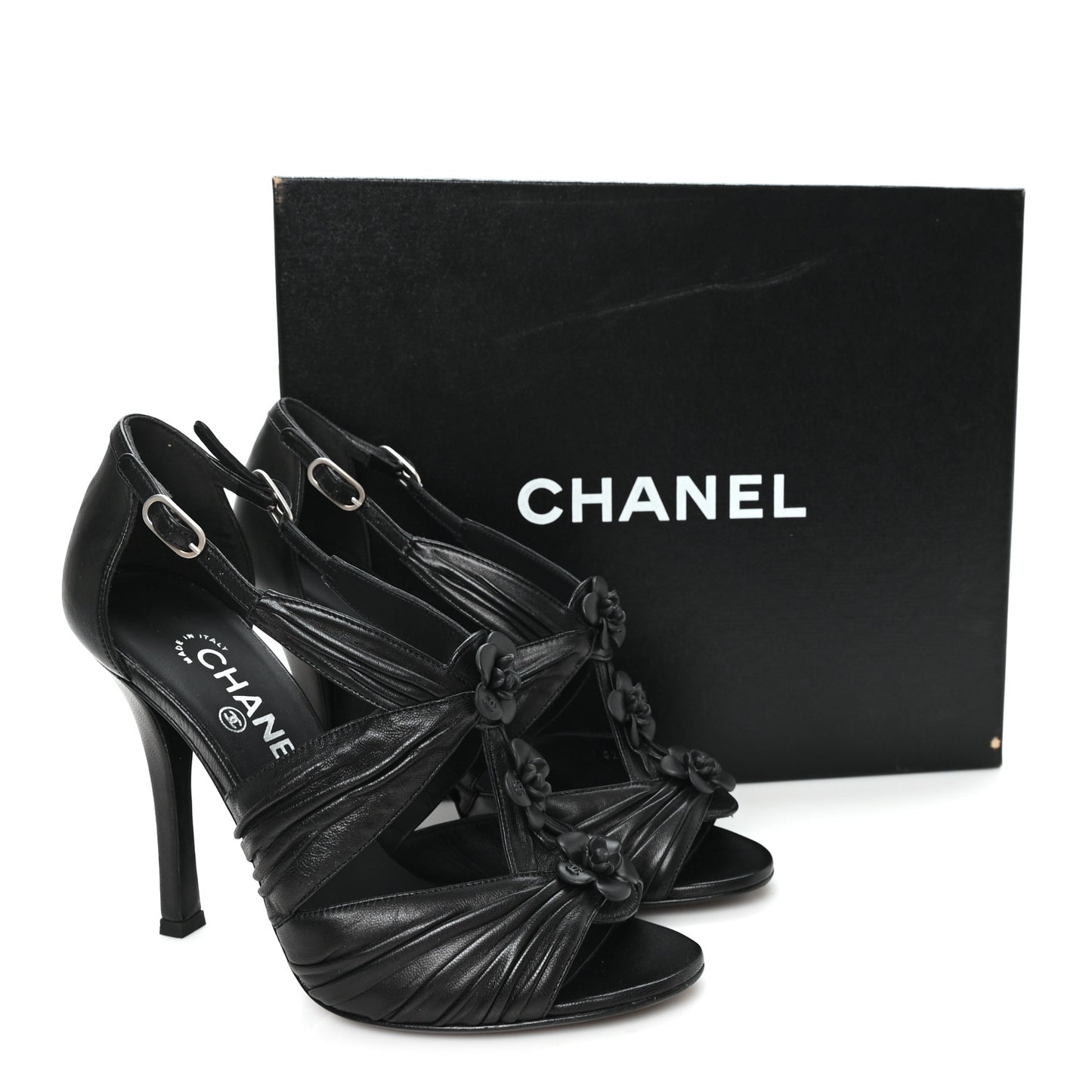 Calfskin Camellia Sandals 39.5 Black