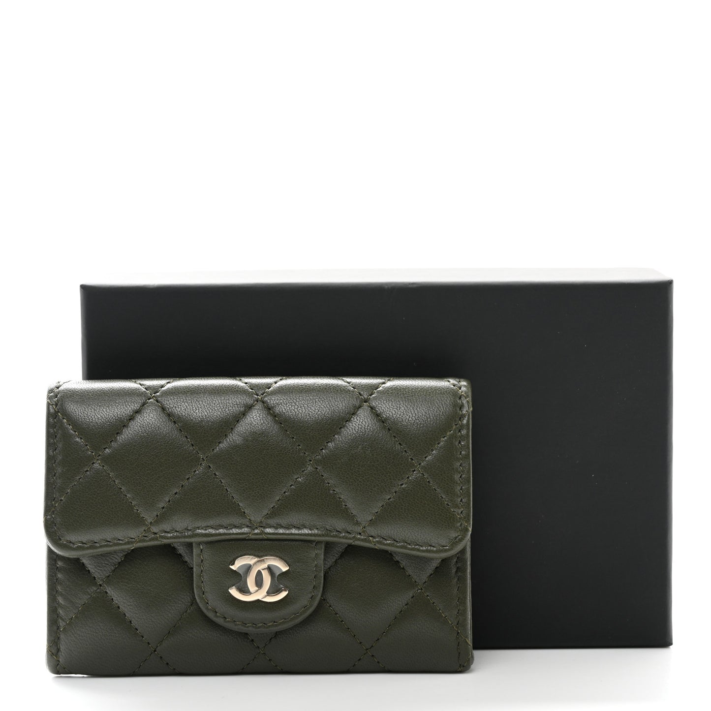Lambskin Quilted Flap Card Holder Wallet Khaki