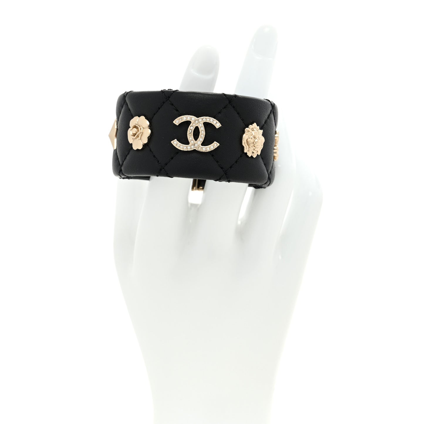Lambskin Quilted CC Charms Turnlock Cuff Bracelet M Black