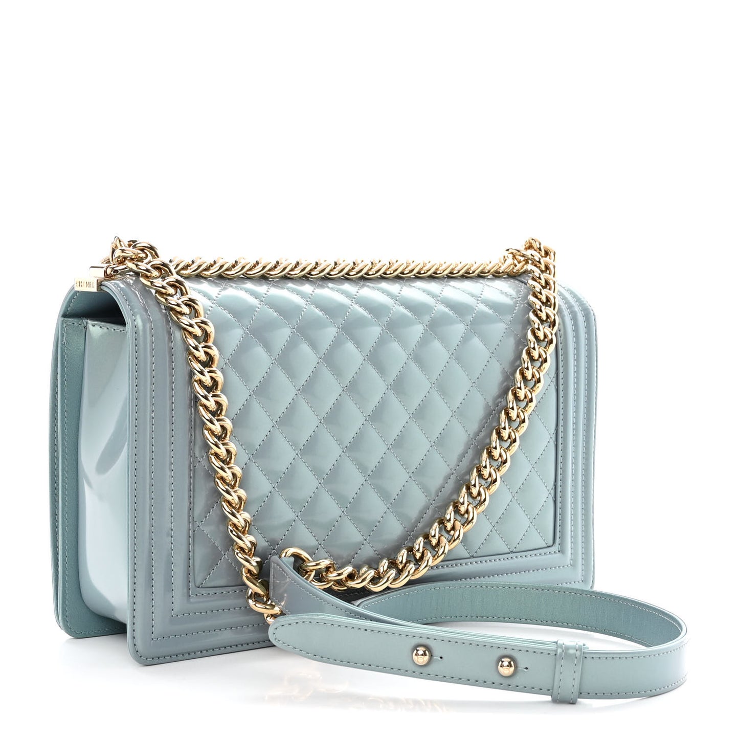 Iridescent Glazed Calfskin Quilted New Medium Boy Flap Light Blue