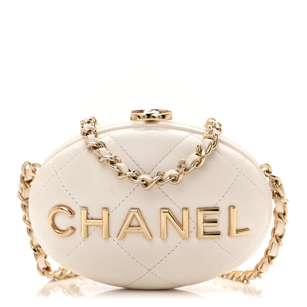 Chanel Lambskin Quilted Oval Minaudiere Chain Clutch White 1 of 13