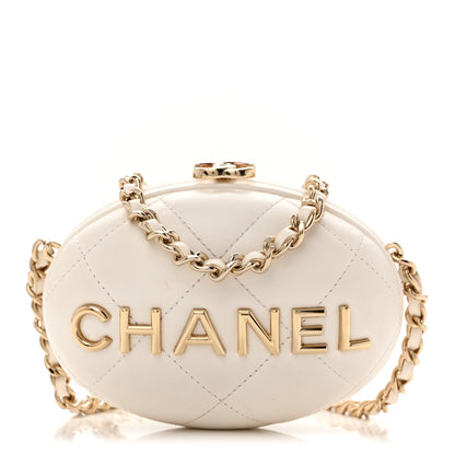 Chanel Lambskin Quilted Oval Minaudiere Chain Clutch White 1 of 13