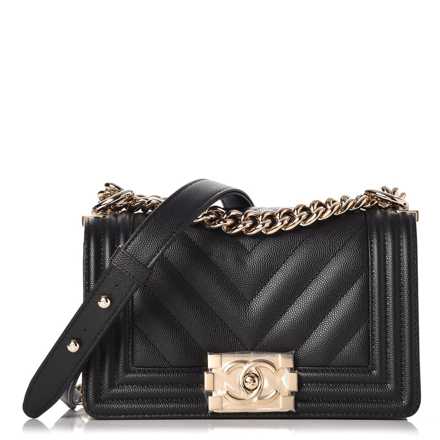 Caviar Chevron Quilted Small Boy Flap Black