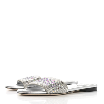 Fendi Laminated Goatskin Baguette Crystal Embroidered Signature Flat Slide Sandals 39 Silver 3 of 6