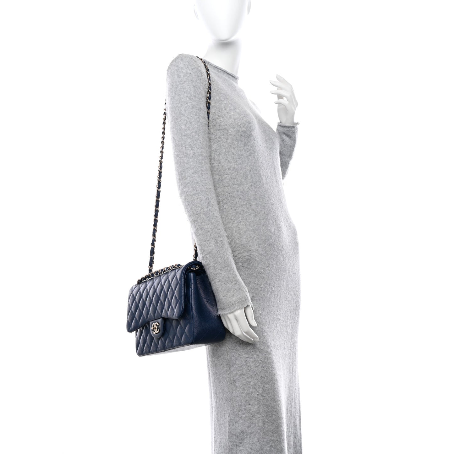 Caviar Quilted Jumbo Double Flap Navy Blue