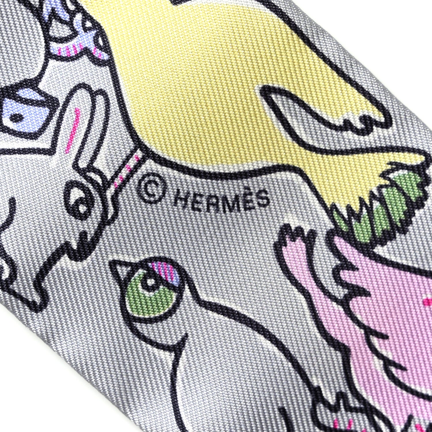 Hermes Silk Mille Et Un Lapins Twilly Gris Perle Rose Jaune 4 of 4