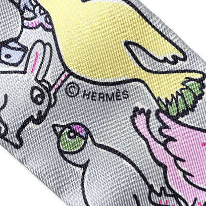 Hermes Silk Mille Et Un Lapins Twilly Gris Perle Rose Jaune 4 of 4