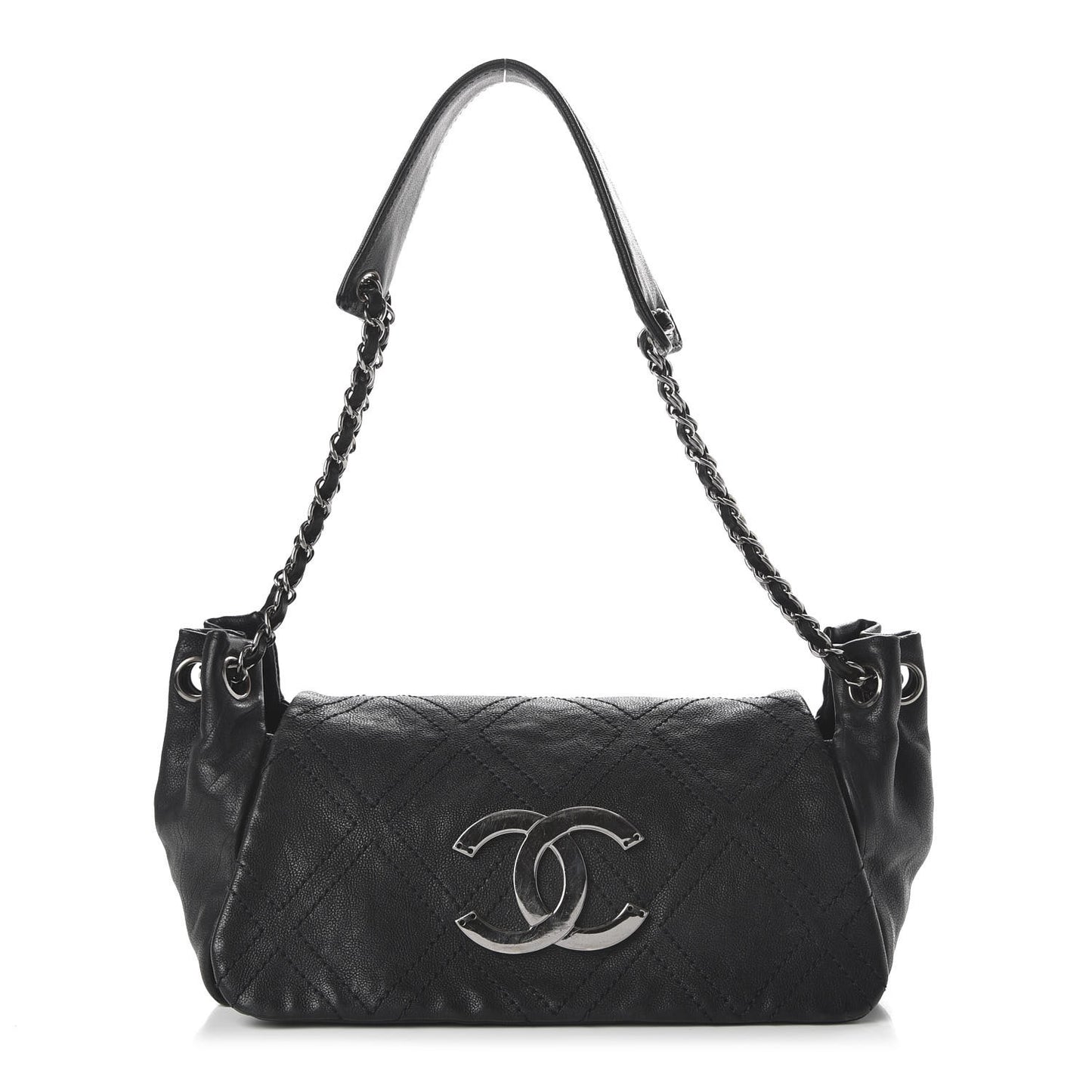 Calfskin Diamond Stitch Accordion Flap Black