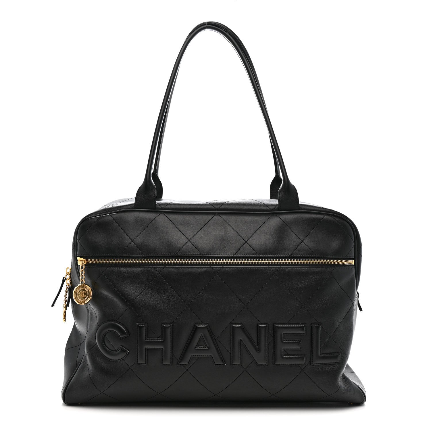 Chanel Calfskin Stitched Maxi Logo Bowling Bag Black 1 of 14