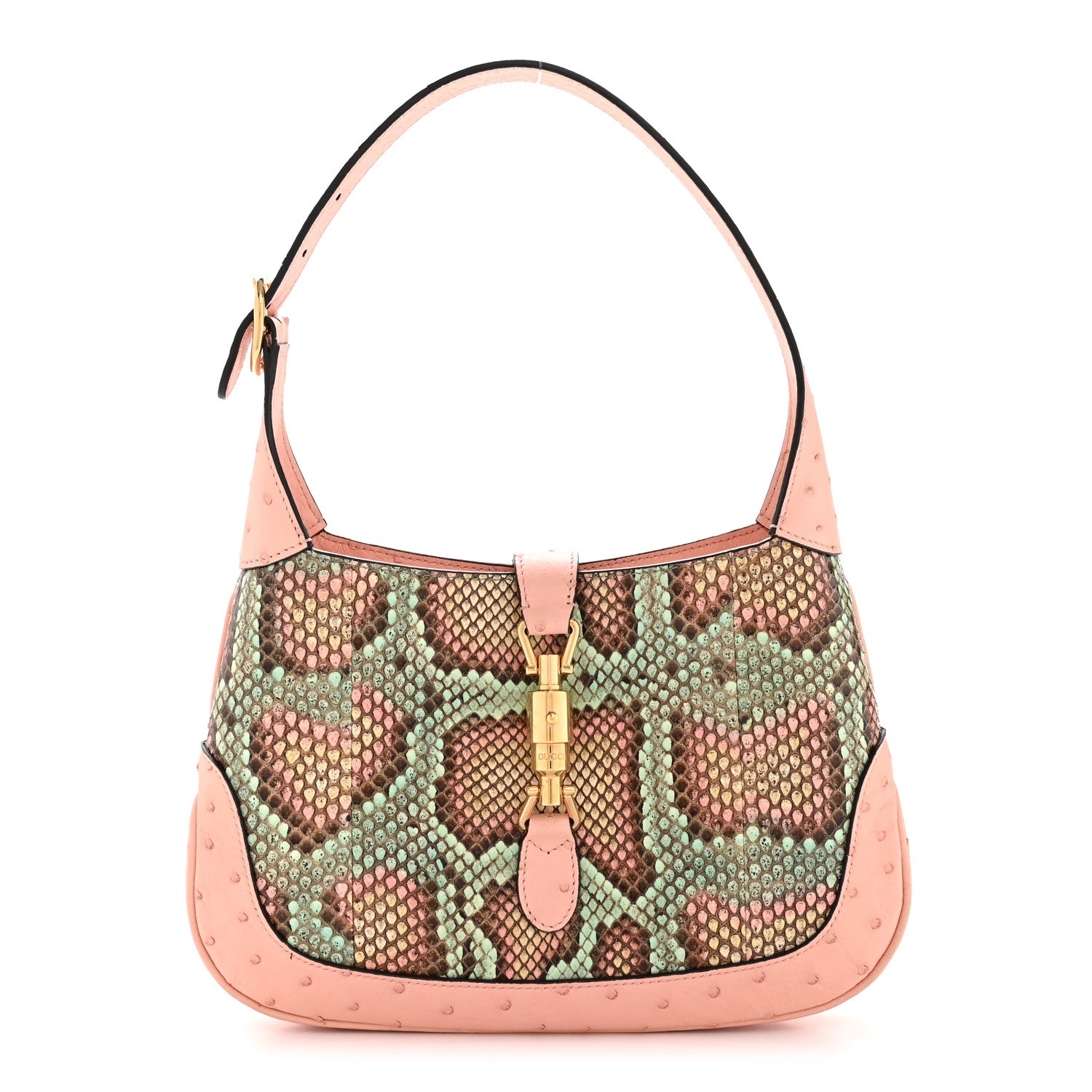 Gucci Snakeskin Ostrich Calfskin Small Jackie 1961 Hobo Pink Multicolor 1 of 14