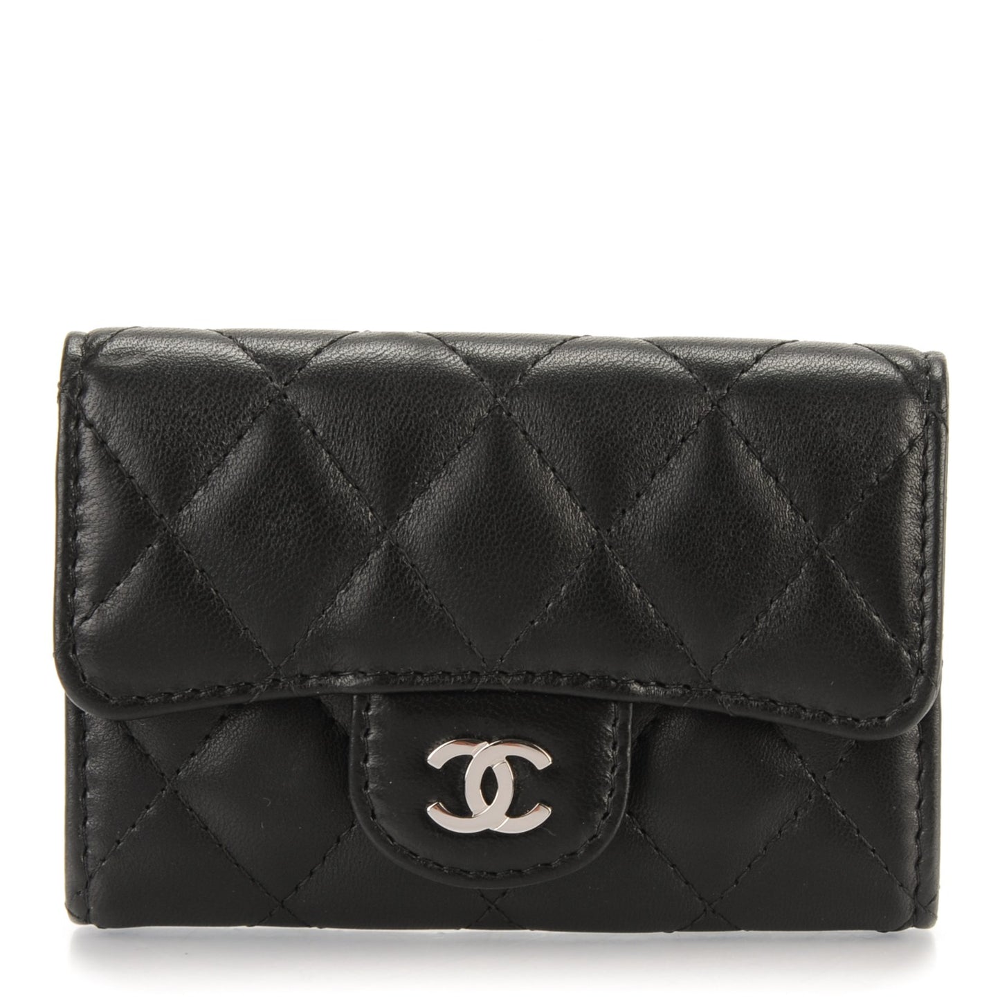 Lambskin Quilted Flap Card Holder Black