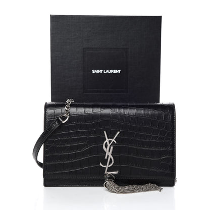 Saint Laurent Calfskin Crocodile Embossed Kate Monogram Tassel Chain Wallet Black 8 of 8