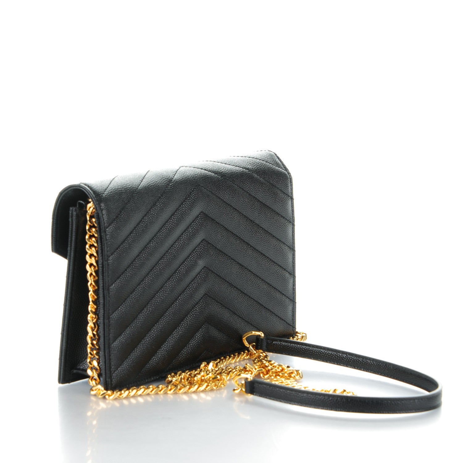 Saint Laurent Grain De Poudre Matelasse Chevron Monogram Envelope Chain Wallet Black 3 of 8
