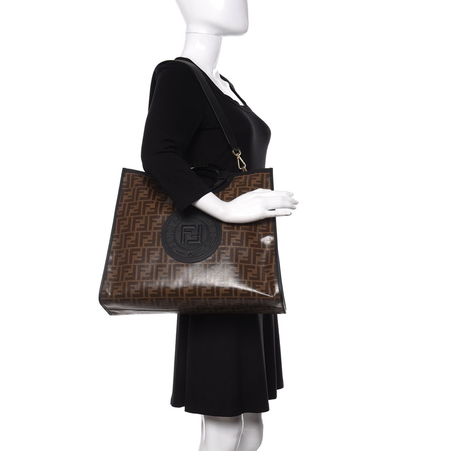 Glazed Fabric Vitello Century Plexiglass FF 1974 Stamp Patch Medium Runaway Shopper Tote Mogano Panna Black