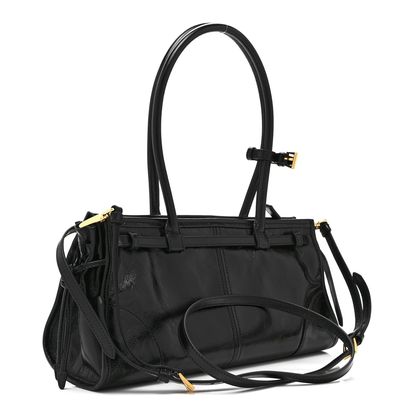 Glossy Calfskin Triangle Medium Bonnie Shoulder Bag Black