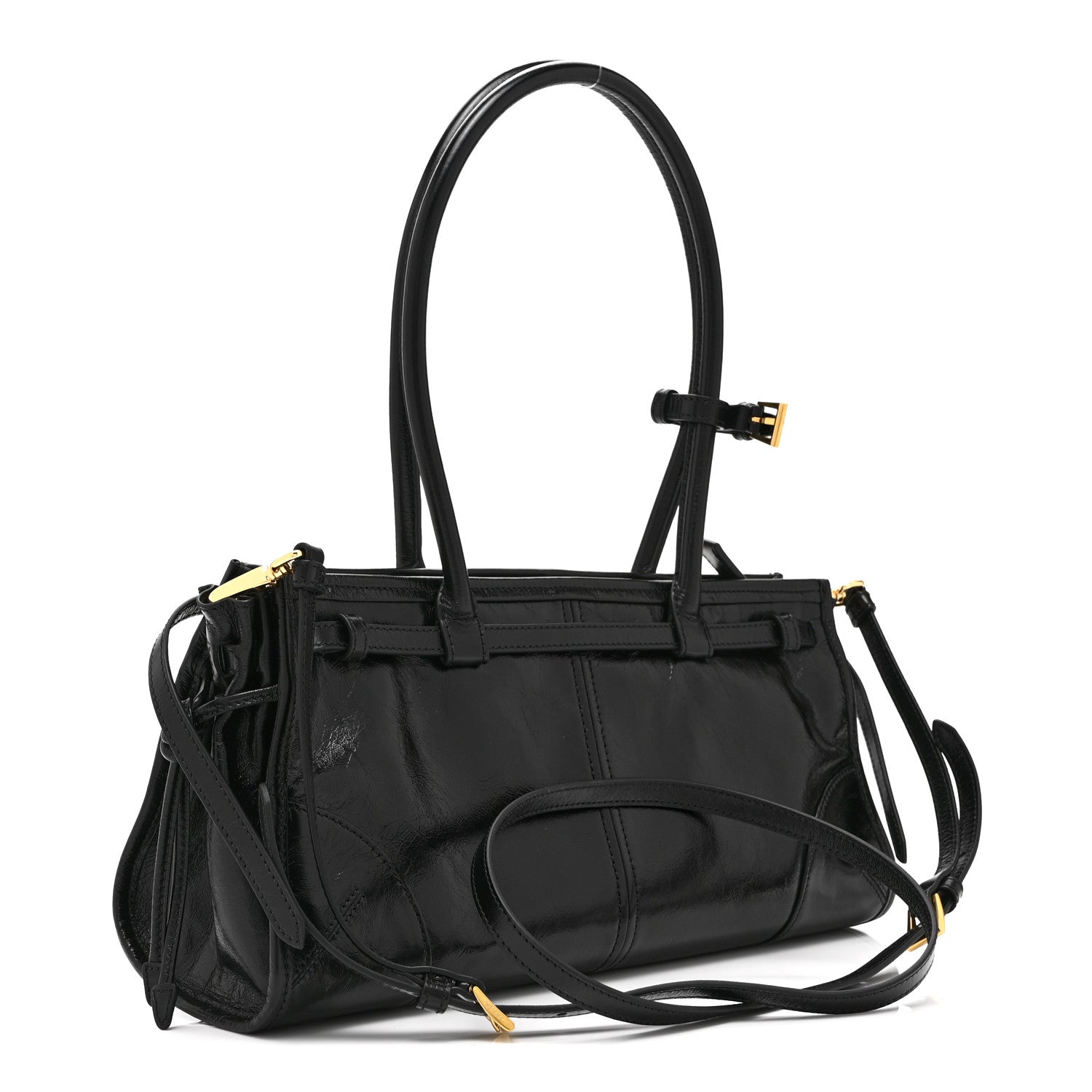 Prada Glossy Calfskin Triangle Medium Bonnie Shoulder Bag Black 3 of 10