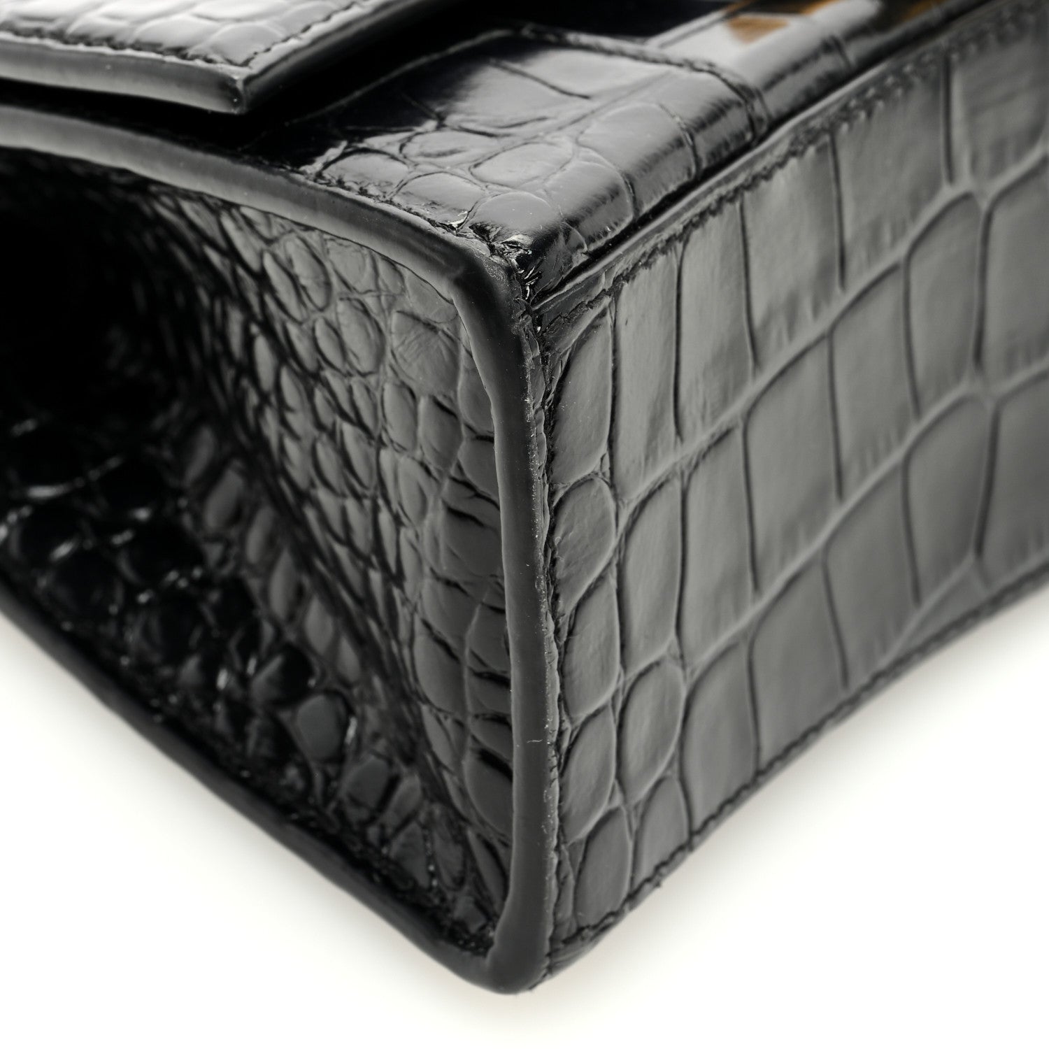 Balenciaga Shiny Calfskin Crocodile Embossed Hourglass Top Handle Bag XS Black 8 of 9