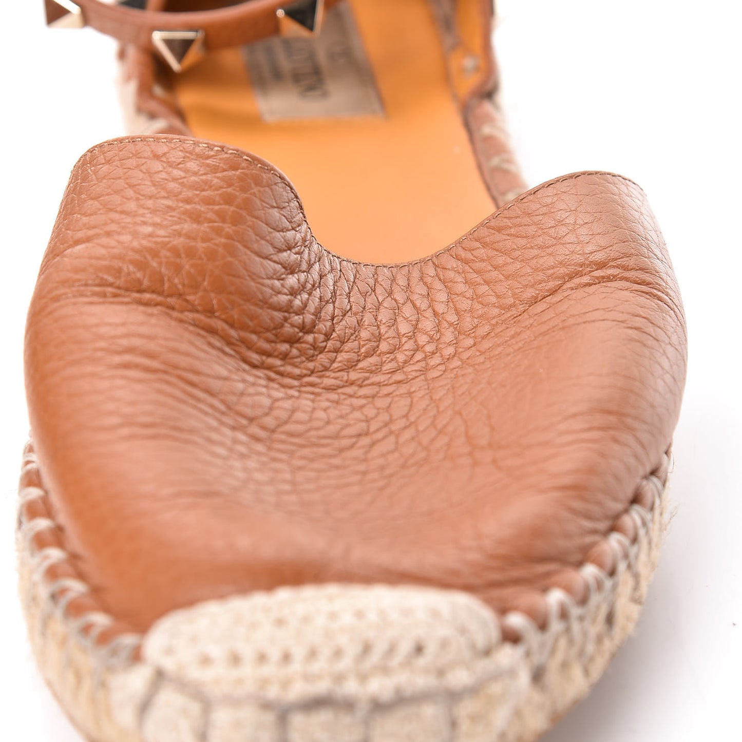 Grained Calfskin Rockstud Ankle Wrap Espadrille Flats 37 Cognac