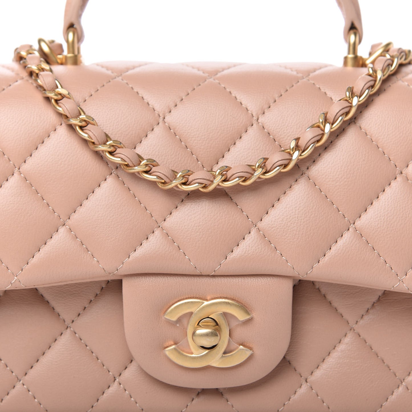 Lambskin Quilted Mini Top Handle Rectangular Flap Beige