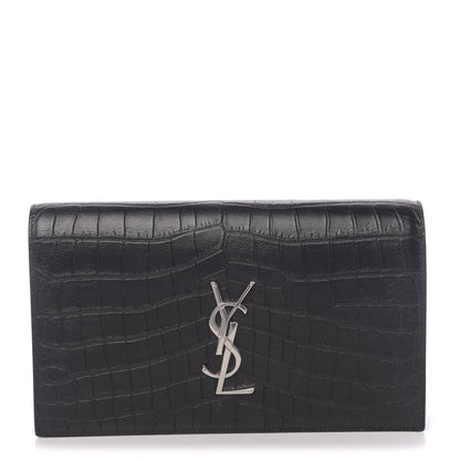 Saint Laurent Calfskin Crocodile Embossed Classic Kate Monogram Clutch Black 1 of 9
