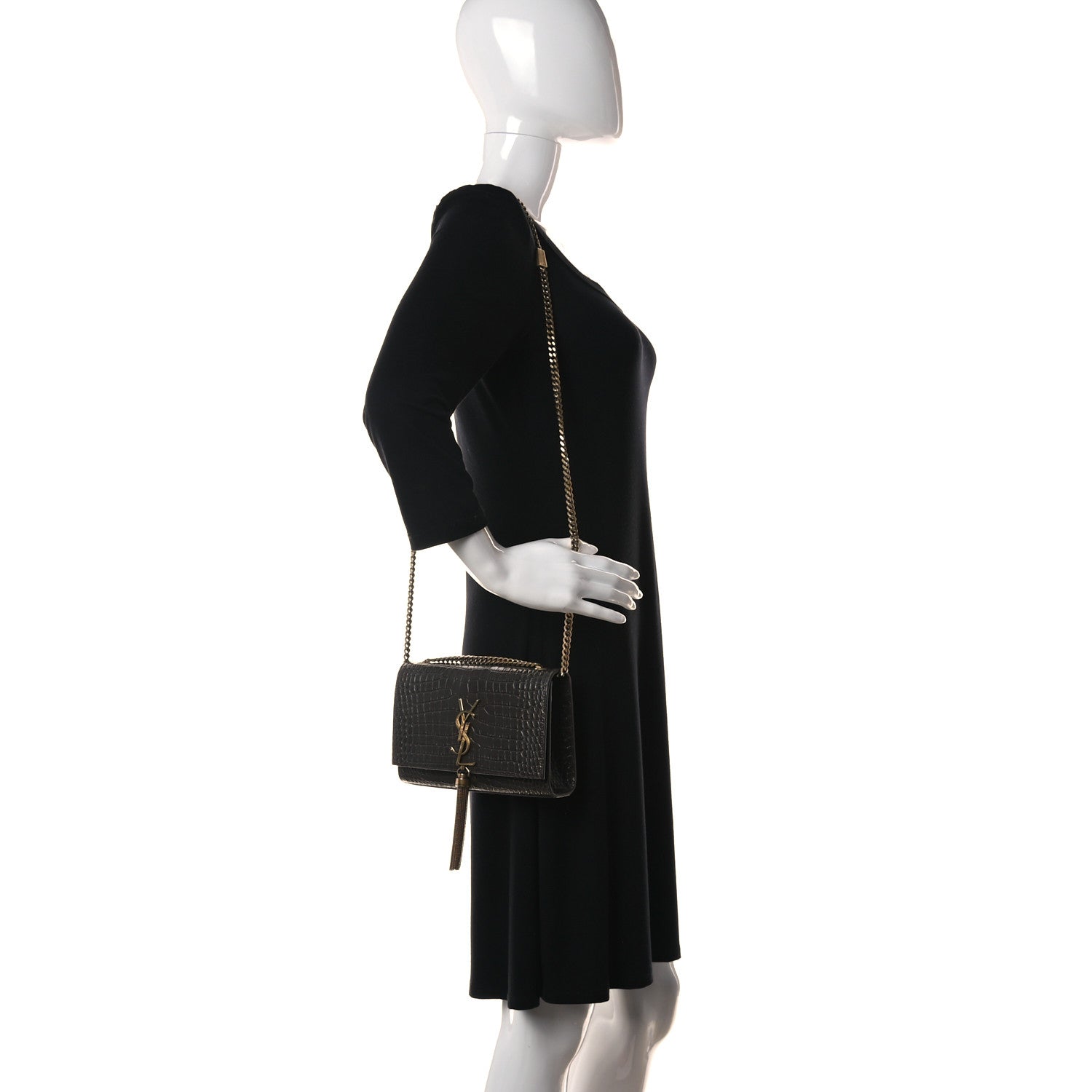 Saint Laurent Calfskin Crocodile Embossed Small Classic Monogram Kate Tassel Satchel Pebble 2 of 7