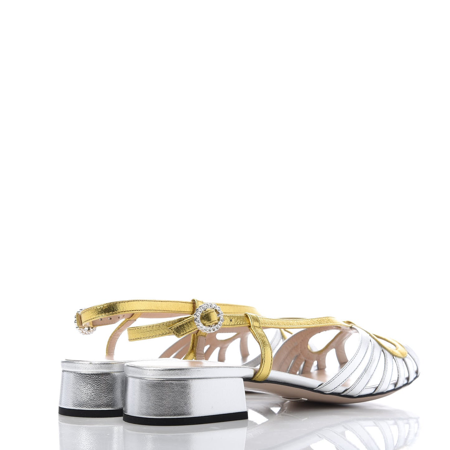 Metallic Nappa Crystal Zephyra Slingback Low Heel Sandals 38.5 Silver Gold