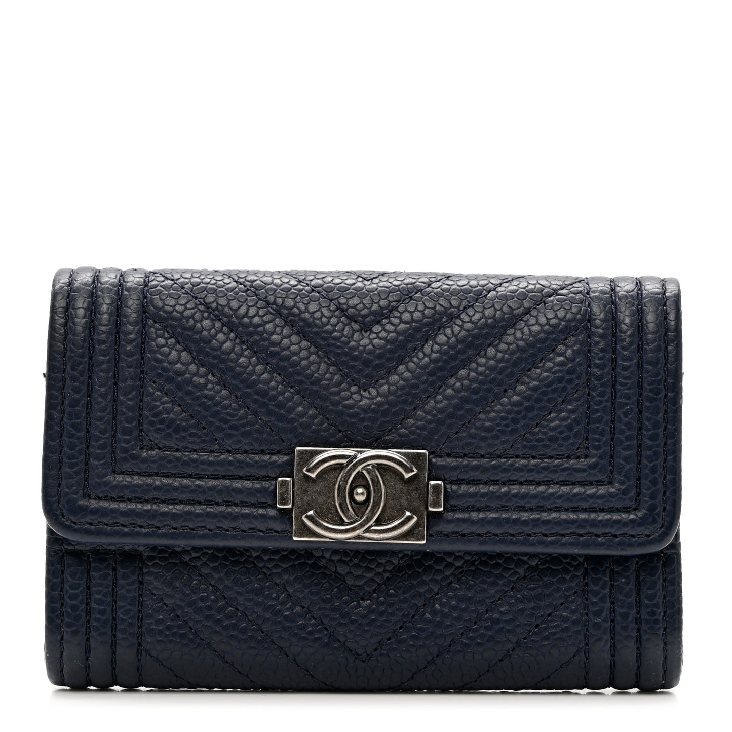 Caviar Chevron Quilted Boy Card Holder Wallet Navy Blue