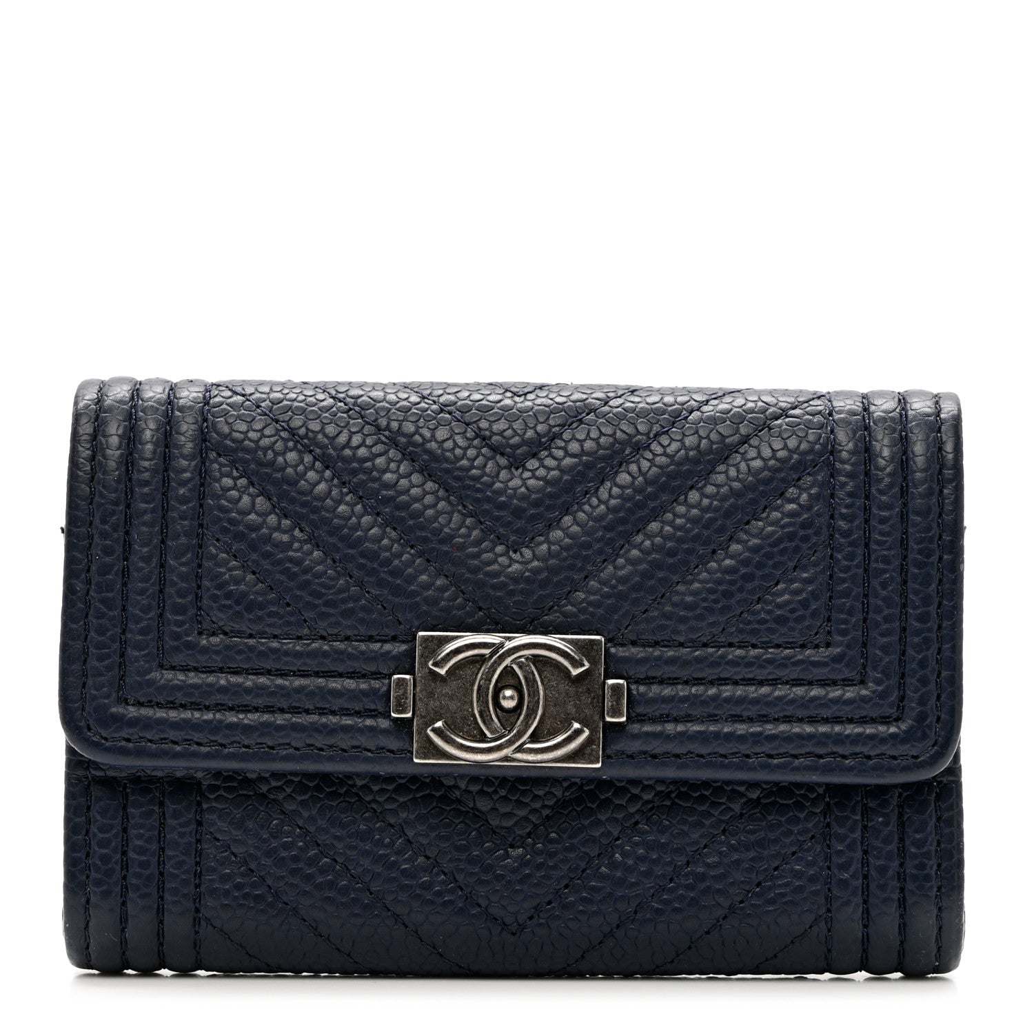 Chanel Caviar Chevron Quilted Boy Card Holder Wallet Navy Blue 1 of 8