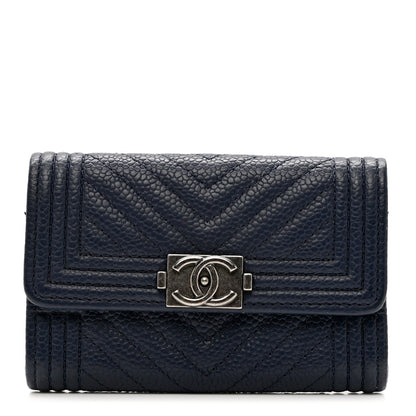 Chanel Caviar Chevron Quilted Boy Card Holder Wallet Navy Blue 1 of 8