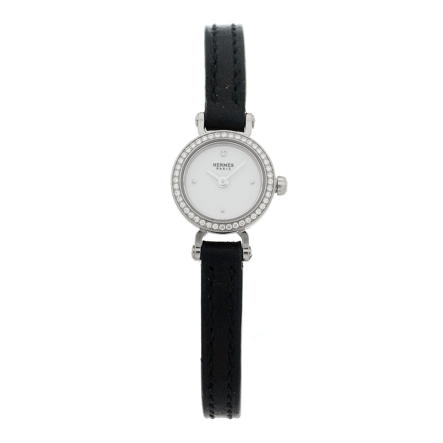 Hermes 18K White Gold Barenia Diamond 16mm Faubourg Quartz Watch Noir 1 of 5
