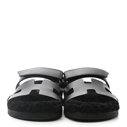 Hermes Calfskin Woolskin Womens Chypre Sandals 36.5 Black 2 of 9