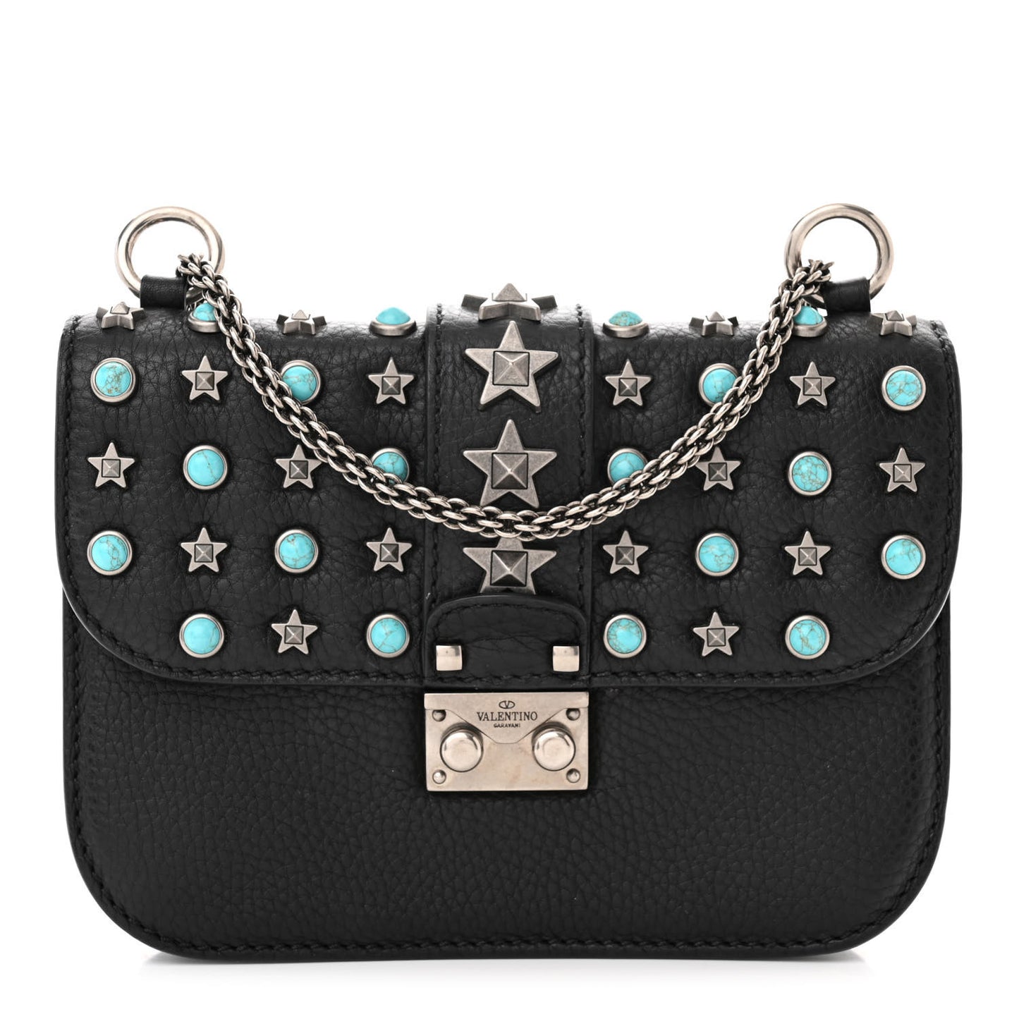 Pebbled Calfskin Star Studded Small Lock Flap Black