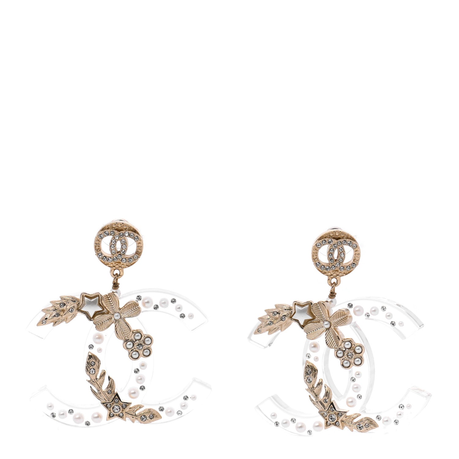 Chanel Crystal Pearl Resin CC Drop Earrings Gold 1 of 5