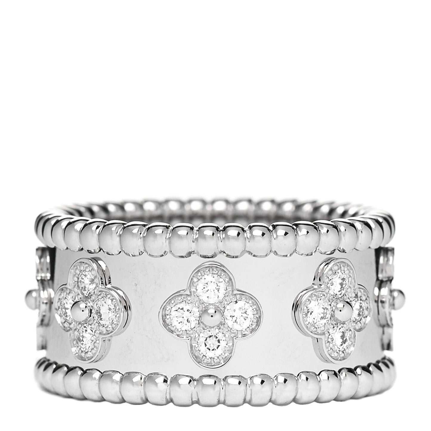 18K White Gold Diamond Medium Perlee Clover Band Ring 55 7.25