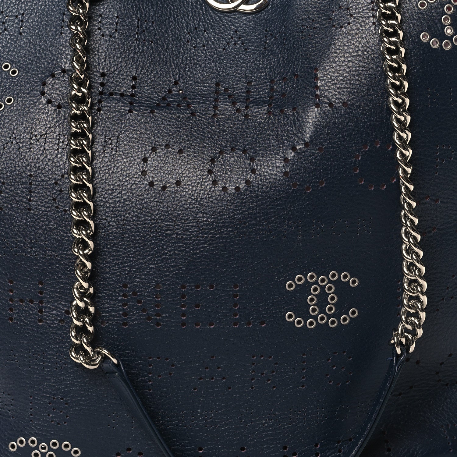 Chanel Calfskin Tweed Small Logo Eyelets Shopping Tote Navy Blue 9 of 12