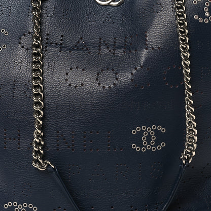 Chanel Calfskin Tweed Small Logo Eyelets Shopping Tote Navy Blue 9 of 12