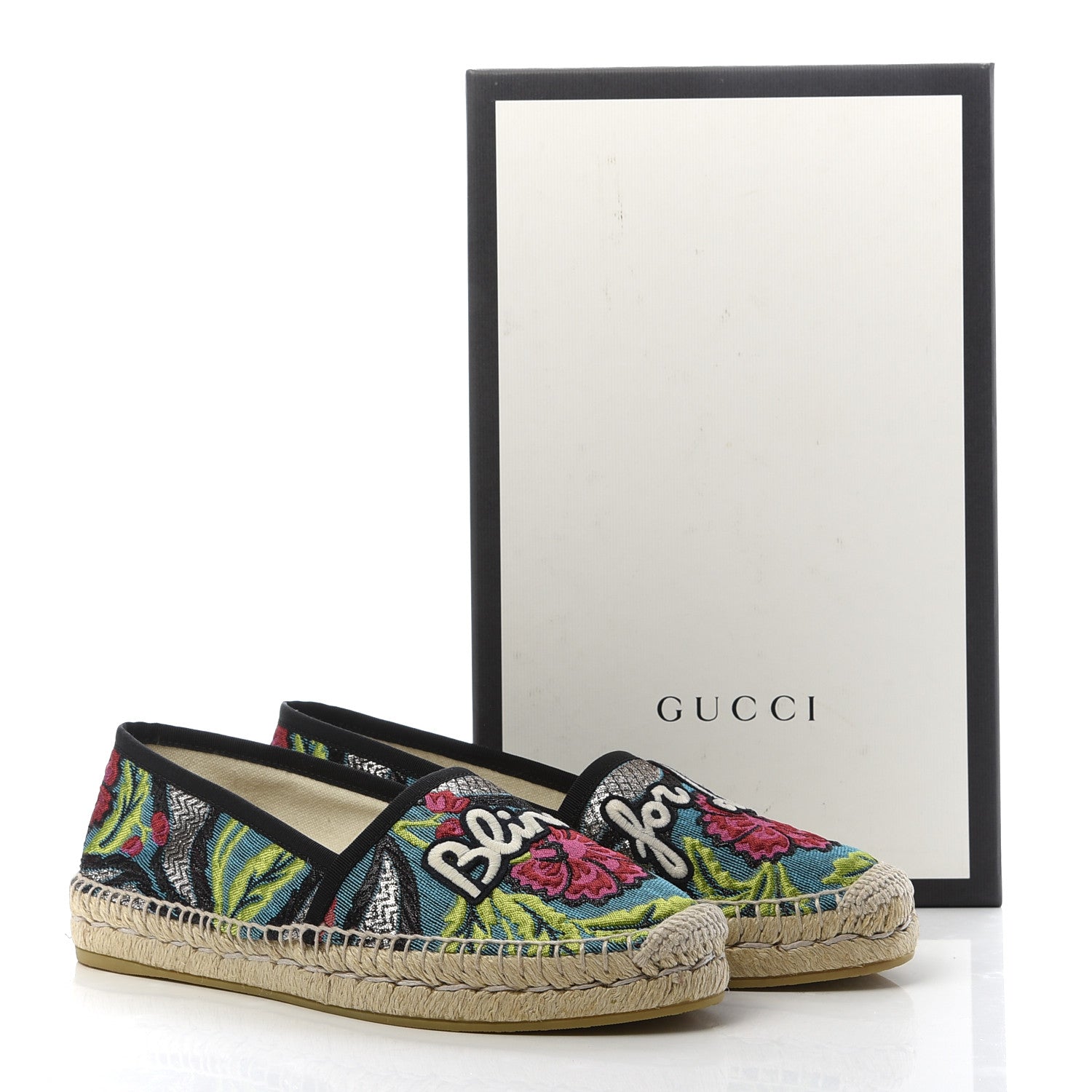 Gucci Tapestry Brocade Blind For Love Espadrilles 37 Acquamarine Green Black 8 of 8