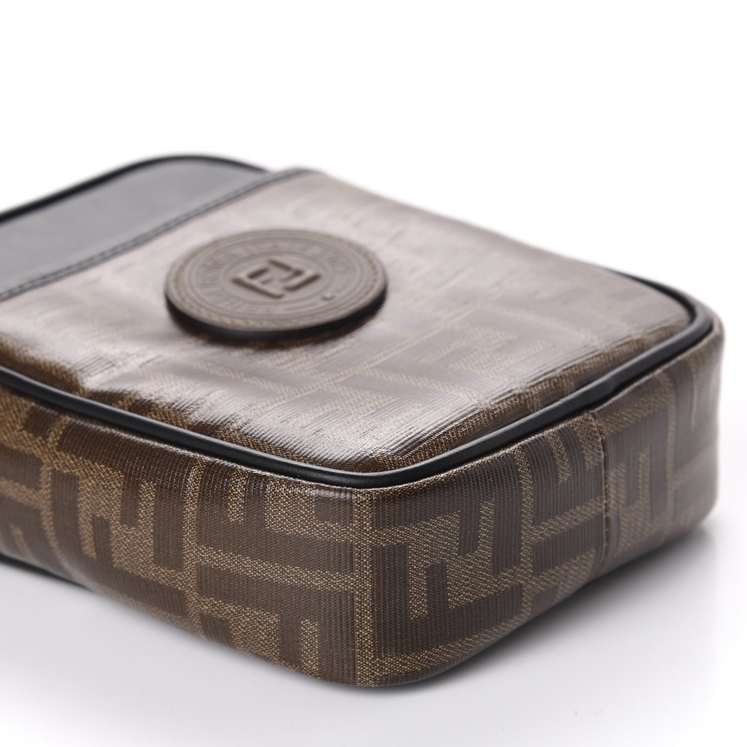 Fendi Glazed Fabric Vitello Century FF 1974 Stamp Patch Small Crossbody Messenger Mogano Panna Black 6 of 10