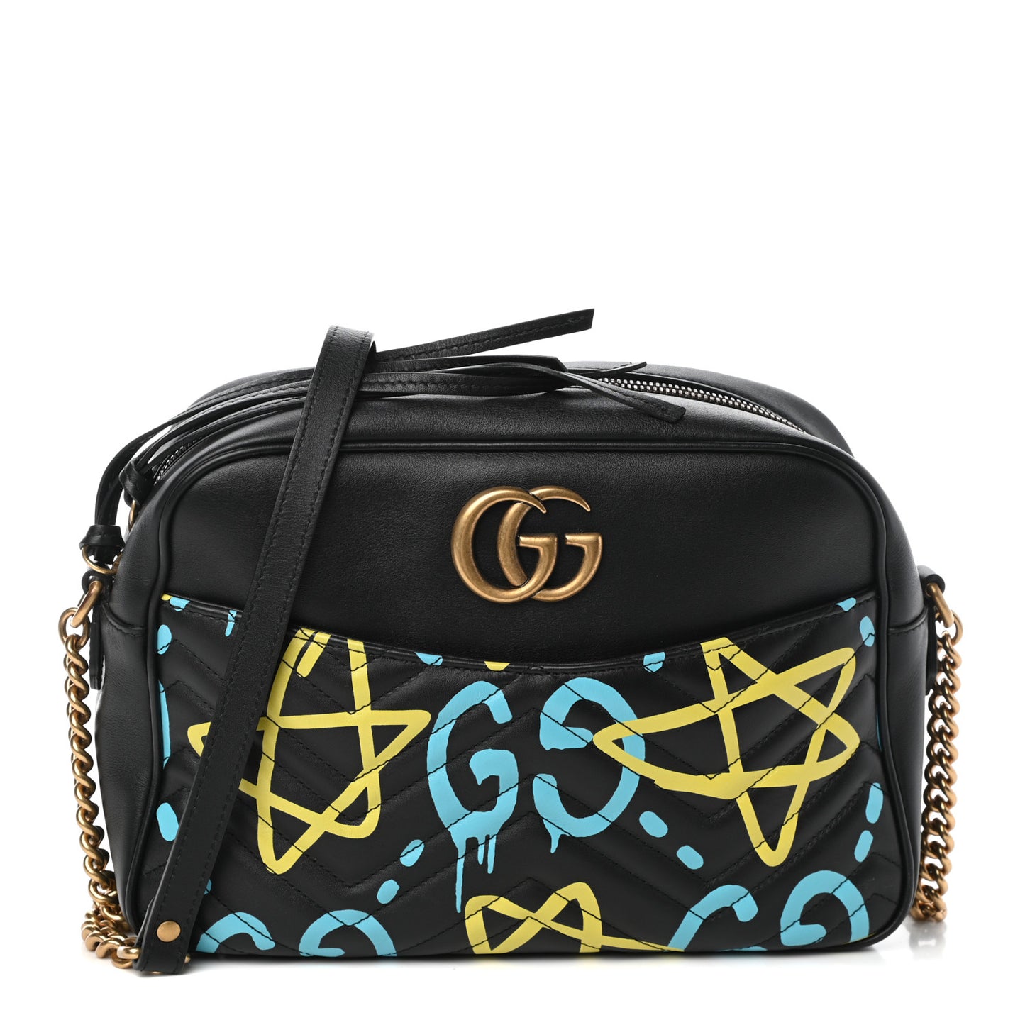 Calfskin Matelasse GucciGhost Medium GG Marmont Chain Shoulder Bag Black New Acquamarine