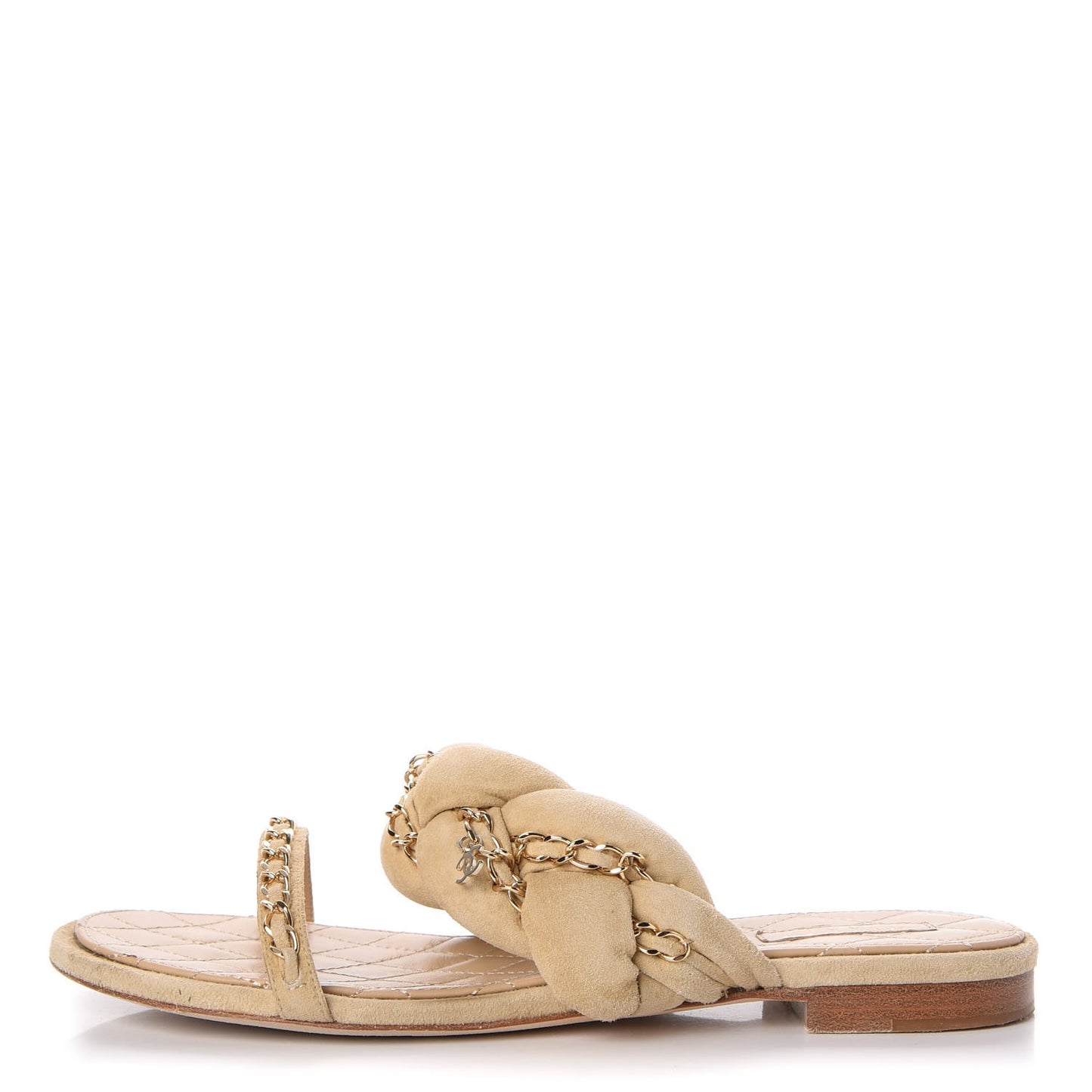 Kid Suede Braided Chain CC Slide Flat Sandals 38 Beige