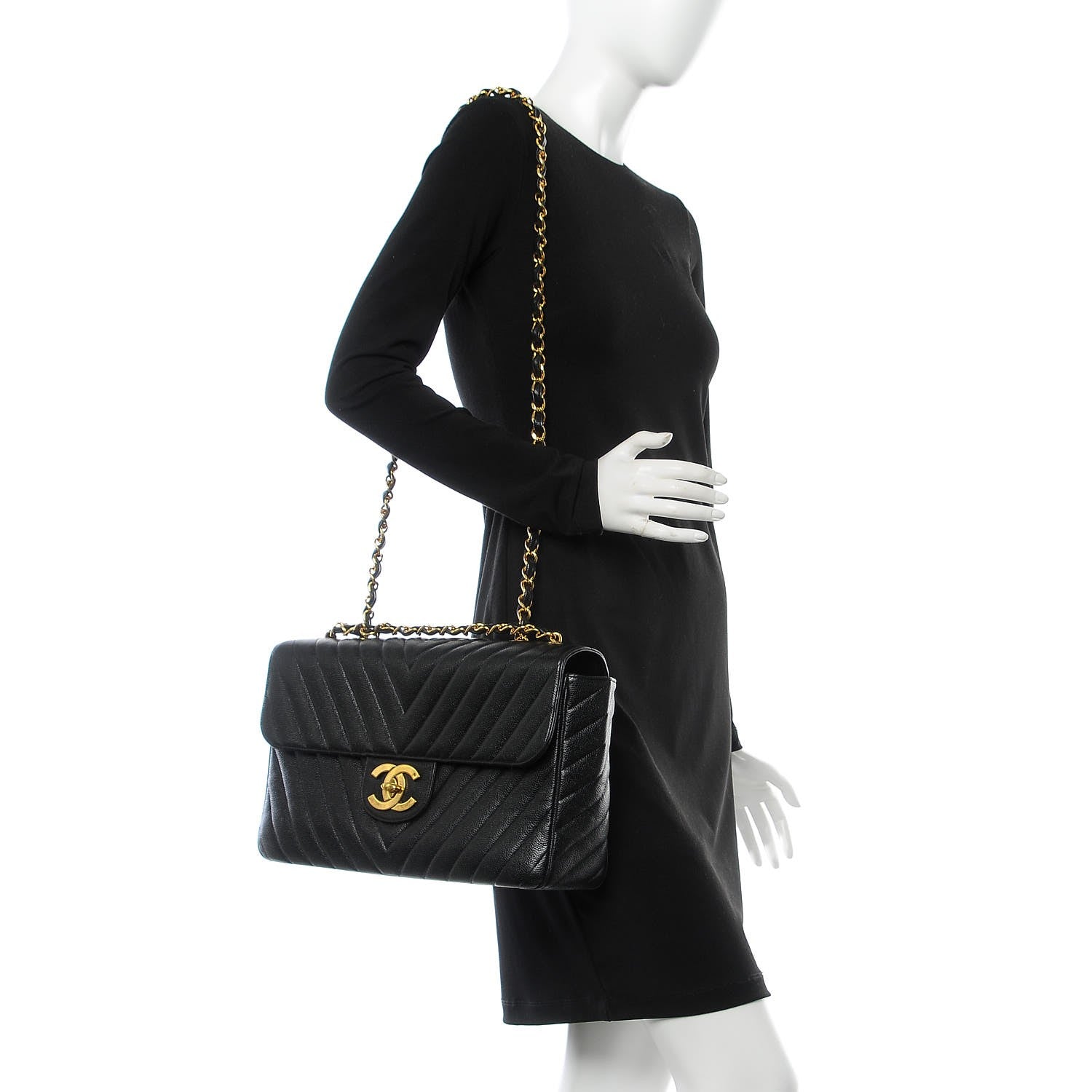 Chanel Caviar Chevron Quilted Maxi Single Flap Black 3 of 15