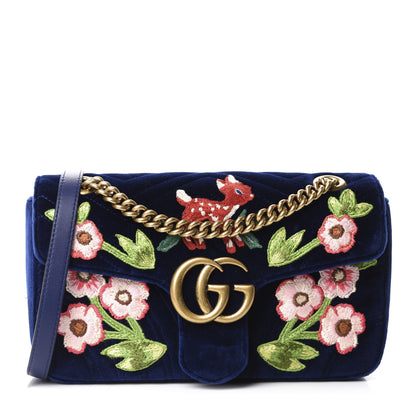 Gucci Velvet Matelasse Deer Embroidered Small GG Marmont Shoulder Bag Cobalt 1 of 10